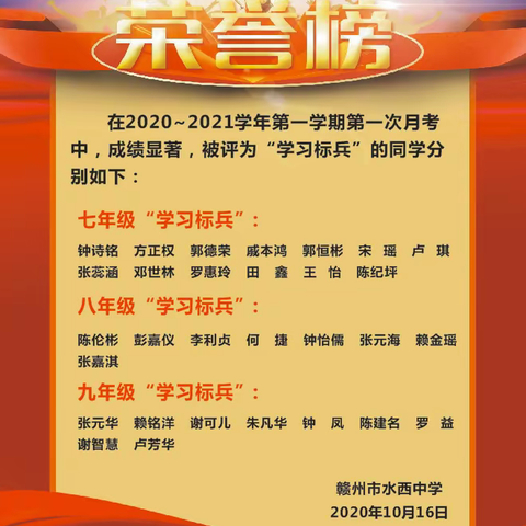 表彰学习标兵，彰显榜样力量 — 记水西中学2020-2021上学期第一次月考奖励通报