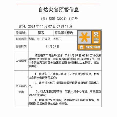 临清市尚店镇中心幼儿园关于低温雨雪天气安全注意事项致家长的一封信