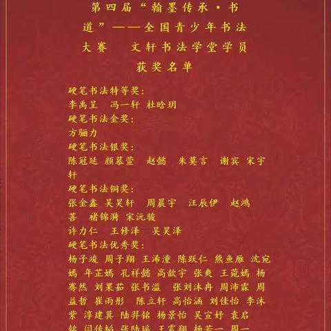 第四届“翰墨传承·书道”——全国青少年书法大赛 蚌埠文轩书法学堂又创佳绩！​