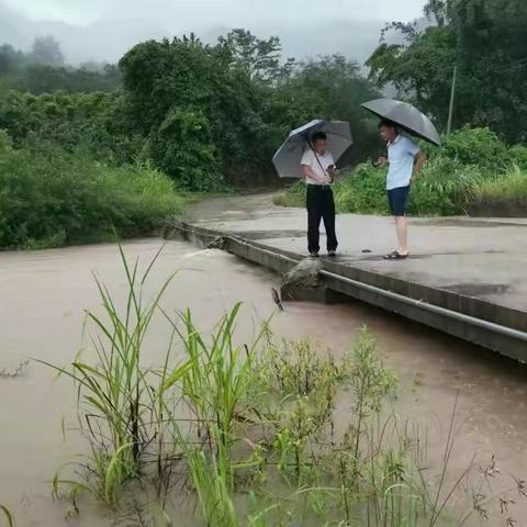 细水乡党委书记詹珍彪和常务副乡长黄良斌到南湾河及坡生水库查看汛情。