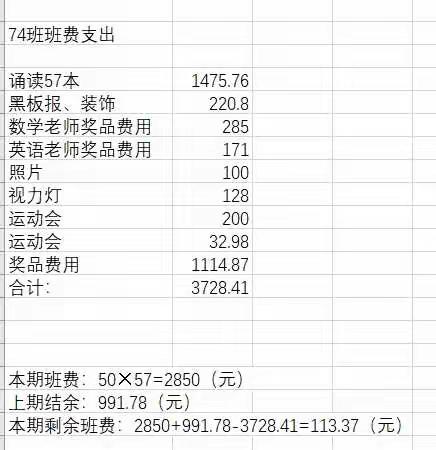 74班五年级上学期班费开支