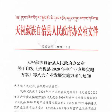 天祝县2020年牛、羊、鸡、马、菜、菌、藜、药等八大产业发展实施方案