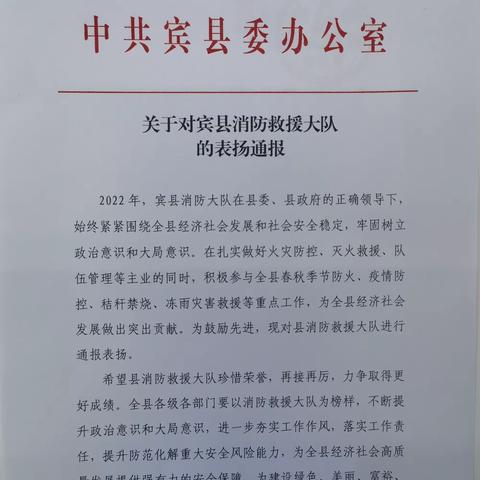 忠诚担当践使命 灭火救援当先锋 中共宾县委办公室通报表扬宾县消防救援大队