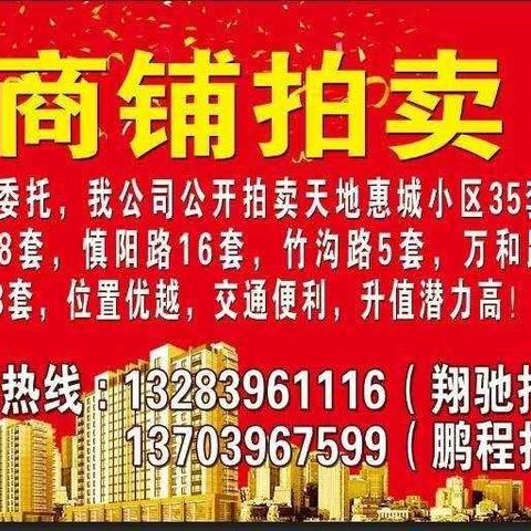 拍卖商铺，受政府委托，公开拍卖天地惠城小区1套住宅和(1、2、3、5、10号楼商铺共计35套)