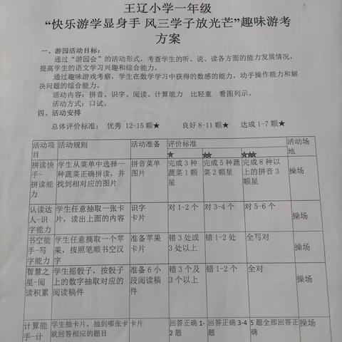 快乐游园显身手，我最棒         一一王辽小学一二年级第－学期趣味游考