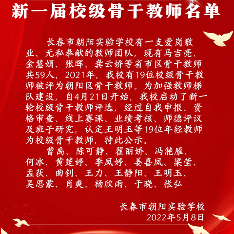 芳林欣秀，朝实芳华——祝贺长春市朝阳实验学校认定新一届校级骨干教师