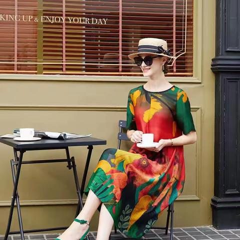 宝莱国际大码女装真丝连衣裙 香云纱