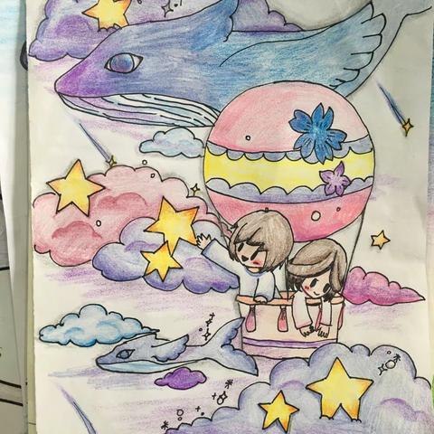 五年级学生绘画作品《热气球》