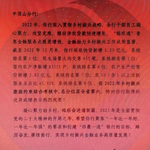 平顶山分行荣获2022年度省分行乡村振兴金融业务激励约束“优秀组织奖”