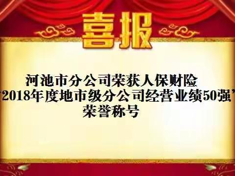 喜讯：河池市分公司荣获人保财险“2018年度地市级分公司经营业绩50强”荣誉称号