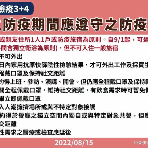 9/1日返台3+4後4天自主防疫調整為「1人1室」