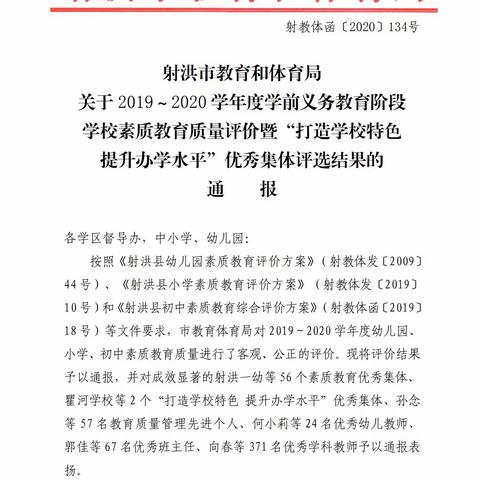 喜报！喜报！潼射镇幼被评为“素质教育质量评价Ａ等与素质教育优秀集体”