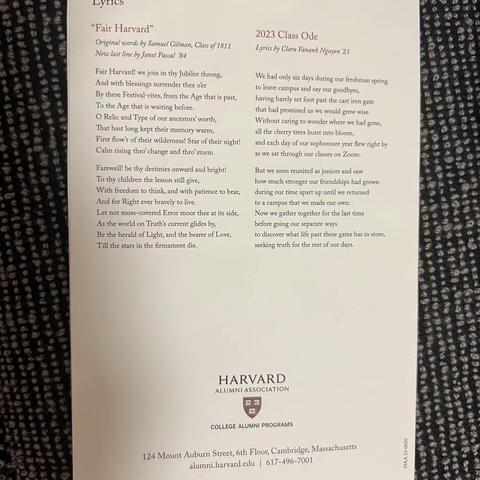 2023 Class Ode to “Fair Harvard” 5/24/2023