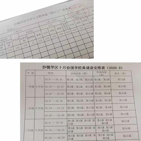 经典浸润人生，好习惯伴我成长――记沙镇学区经典诵读背诵及“立规养习”检查