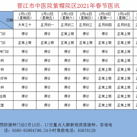 晋江市中医院紫帽院区2021年春节医讯