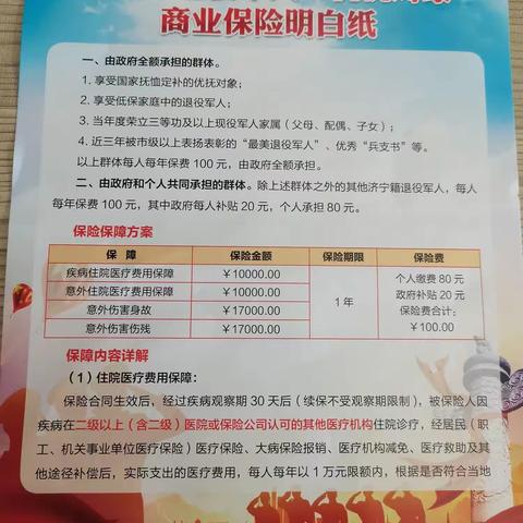 邹城市退役军人、优抚对象商业保险明白纸。城前镇退役军人服务站