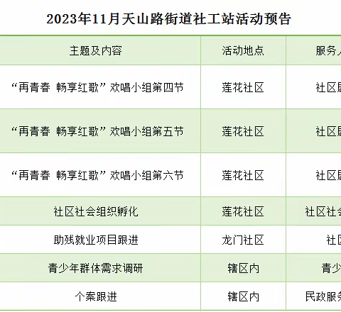 【千站暖万家·天山路街道社工站】11月活动预告