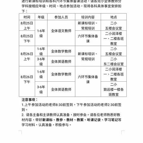 学新课标，迎新学期——平邑街道第一中心校新课标培训和四年级六环节集体备课