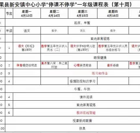 请家长朋友们查收！新安镇中心小学第十周“停课不停学”学习安排表