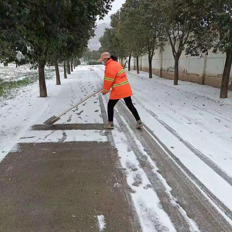 子午街道办事处组织保洁员进行铲雪、除冰