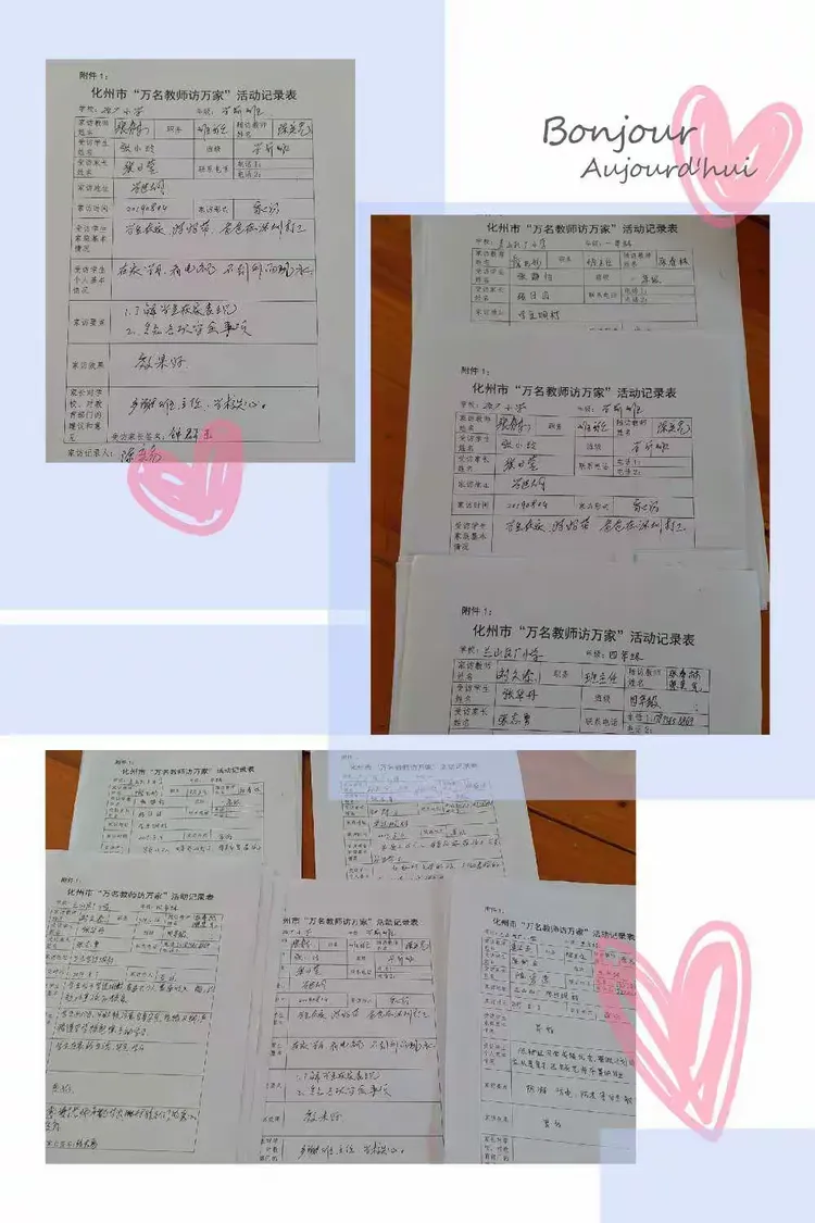 家访后，老师们认真做好家访记录，收集和整理好家长对学校教育的意见和建议，填好家访信息反馈表。