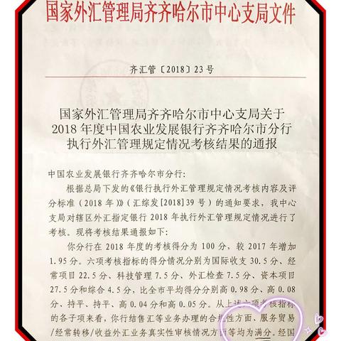 农发行齐齐哈尔市分行喜获年度外汇管理考核A级单位称号