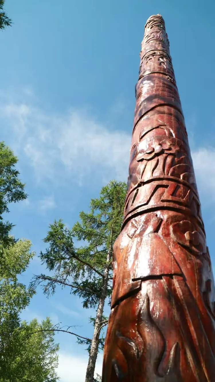 笔直的红松图腾柱直耸入云