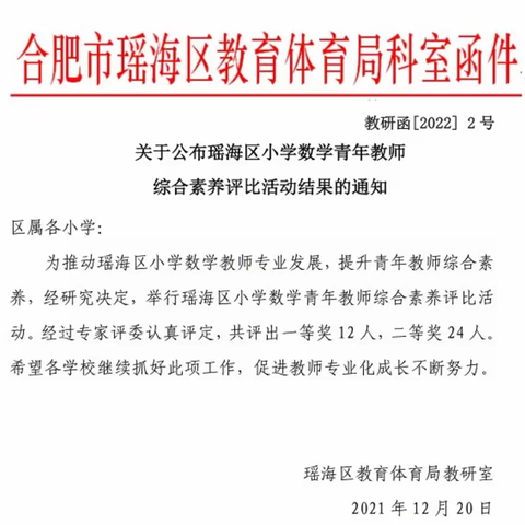 【好消息】合肥市郎溪路小学青年教师在瑶海区小学数学青年教师综合素养评比中喜获佳绩