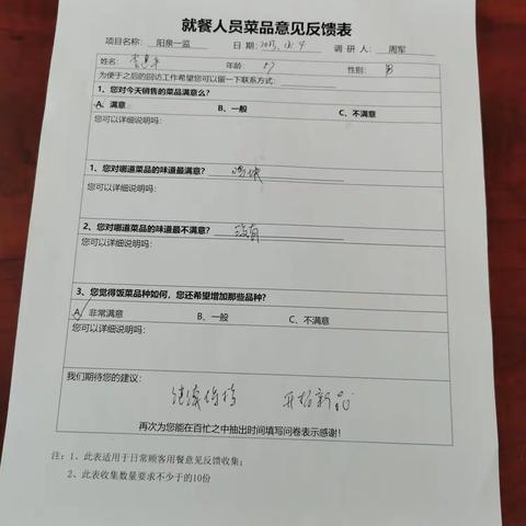 阳泉一监项目就餐人员满意度调查表