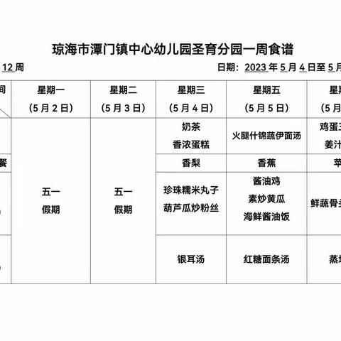 圣育分园第十二周食谱&保健周报