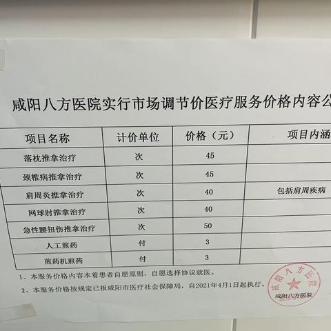 咸阳八方医院医疗价格公示