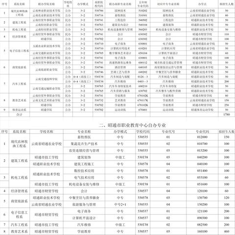 昭通市职业教育专业统计表