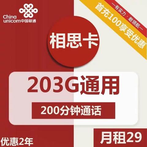 1604 | 联通相思卡29元包203G通用+200分钟通话