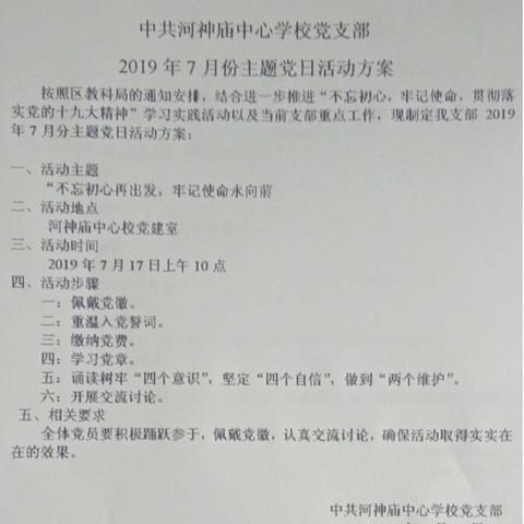 河神庙中心学校党支部七月份主题党日活动