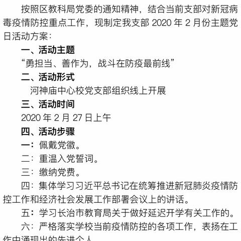 河神庙中心校党支部开展“勇担当，善作为，战斗在防疫最前线”主题党日活动