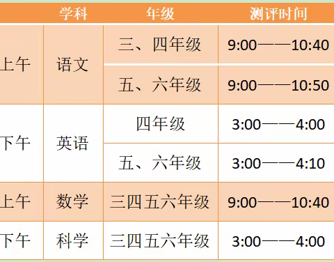 水磨小学2021——2022学年第一学期期末测评安排