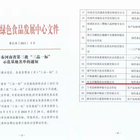 巩义市瀚苑农业有限公司荣获河南省“三品一标”示范基地称号