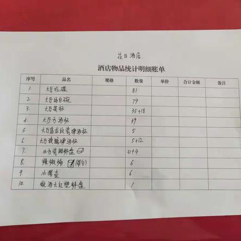 花日酒店物品统计明细账单