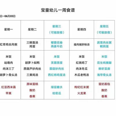 海口市琼山幼儿园宝童分园~5月30日~6月10日伙食菜谱及图片