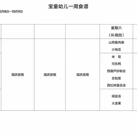 海口市琼山幼儿园宝童分园10月8日—10月9日伙食菜谱及图片