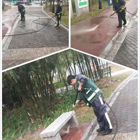 中心公园利用雨天，精细化清洗园道广场等设施