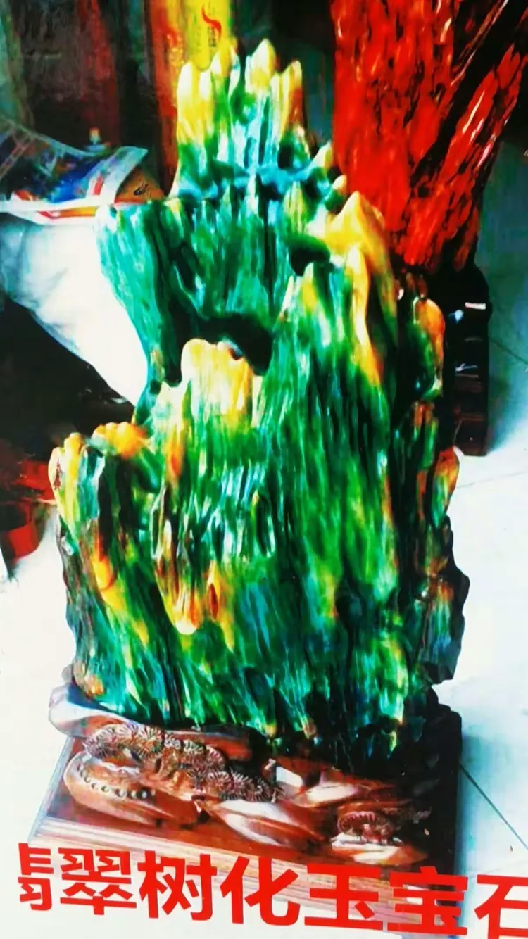 锰,铁,锌,硒等元素融合,形成了五彩斑斓的树化玉,其中绿色的翡翠树化