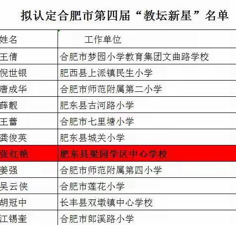 梁园学区中心学校张红艳荣获合肥市“教坛新星”荣誉称号