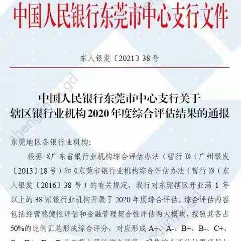 【喜讯！东莞市分行获得2020年度东莞市银行业机构综合评估全市第一名】