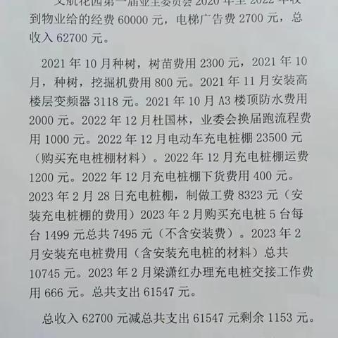 文航花园业主委员会经费情况（截止2023年8月）