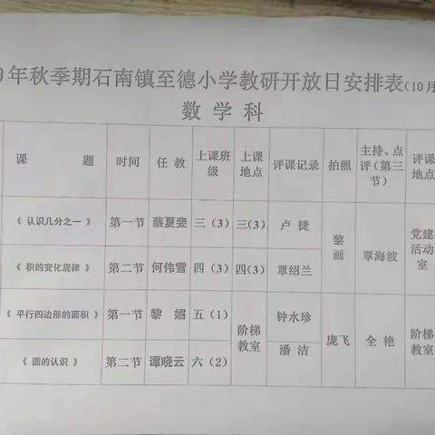 "不忘初心，砥砺前行"——记2019年秋石南镇小学数学教研开放日活动。