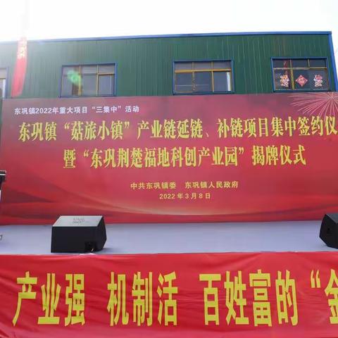 东巩镇“菇旅小镇”产业链延链、补链项目集中签约暨“东巩荆楚福地科创产业园”揭牌在东巩裕农公司举行