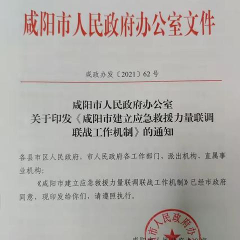 咸阳市人民政府办公室印发《咸阳市建立应急救援力量联调联战工作机制》