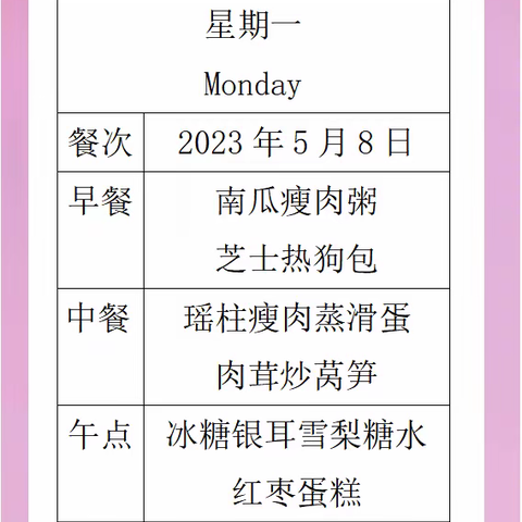 一鸣工交幼儿园一周营养食谱（2023年5月8日—5月12日）