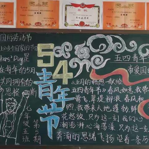 “迎五一劳动节、五四青年节”四月份黑板报展示——东长寿学校中学部